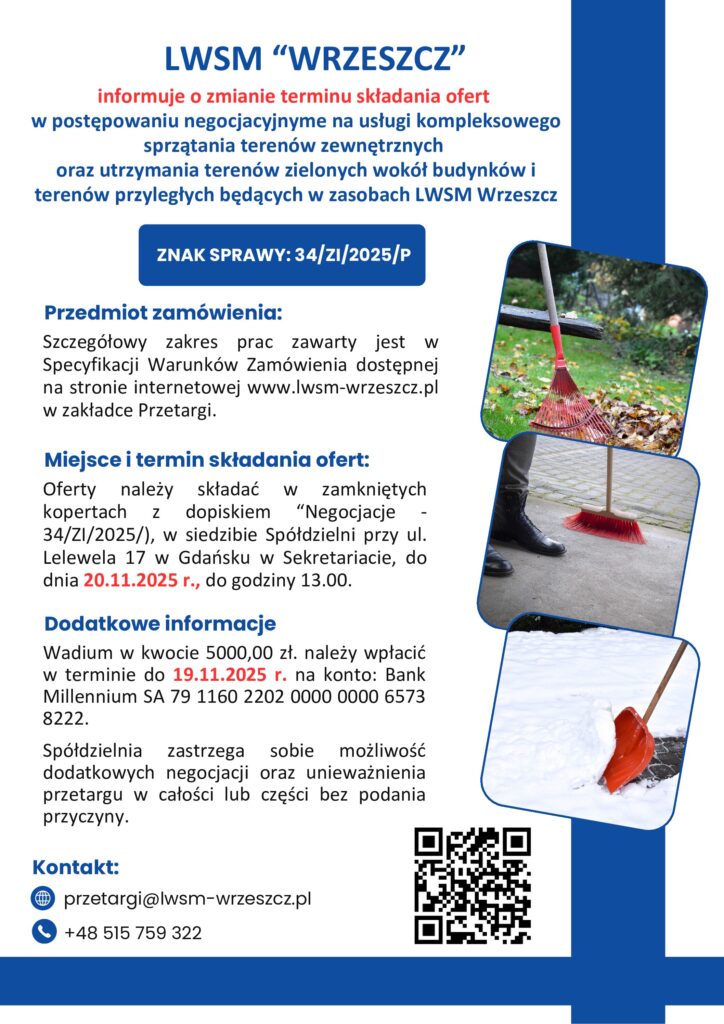 Zmiana terminu składania ofert: Kompleksowe sprzątanie terenów zewnętrznych (Znak sprawy: 34/ZI/2025/P)